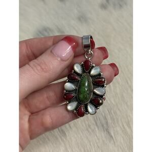 Sterling Silver Sonoran Gold Turquoise Red Dahlia Mother Pearl Cluster Pendant